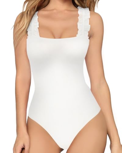Image of MANGOPOP Tank Tops Bodysuit for Women Square Neck Sleeveless Ruffle Elastic Straps body suit shirts, White, XX-Large
