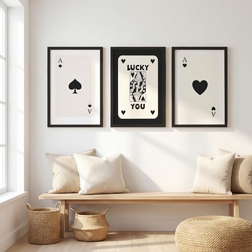 Image of NoWorries Playing Cards Wall Framed Painting Set | Lucky Card Art & Heart Ace Posters Frames | Premium 300 GSM Paper Print with Synthetic Wooden Frame | Minimal Black & White Aesthetic Wall Decor for Living Room & Bedroom (Pattern-illustration) (Set of 3) (BLACK, ART-5, 13X19INCHES)