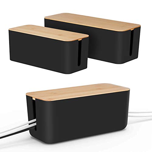 Organizador de cables Baskiss con tapa de madera, organizador de cables para ordenador de escritorio, TV, sistema de hub USB para ocultar y regletas y cables, color negro