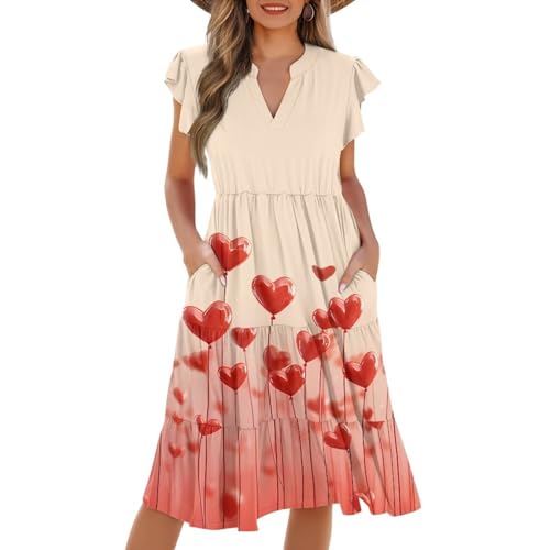 Image of Women's Casual Ruffle Sleeve Dress V Neck Pullover Dress Flowy A-Line Pleated Lightweight Dress with Pockets