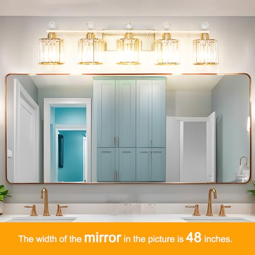 Image of Bathroom Vanity Light Fixtures 5-lights, Gold Crystal Vanity Lights for Bath, Bathroom Lights Fixture with Clear Crystal Glass Shade, Modern Wall Light over Mirror, Wall Sconces Light for Hallway