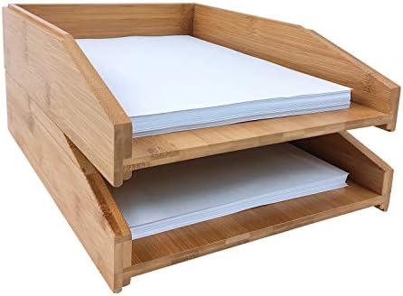 woodluv Set of 2 STACKABLE 100% Bamboo A4 Letter Tray Document Paper File Sorter Magazines Organizer