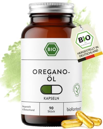 bioKontor – BIO Oregano Öl Kapseln 90 Stück – 1000mg Tagesdosis – vegan | 3-Monats-Vorrat – 91 mg Carvacrol, 3,9mg Thymol pro Kapsel – deutsche Herstellung – Magensaftresistente Ka