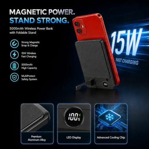 Magnetic Portable Charger, 5000mAh Wireless Power Bank for MagSafe | 15W Wireless, 20W Wired Charging, Slim Aluminum Alloy Frame, Lanyard Cable & Foldable Stand, for iPhone 17 Air/16/15/14/13/12