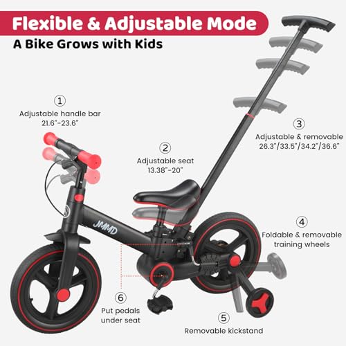 Image of JMMD 6 in 1 Toddler Bike with Push Handle for Kids 18-60 Months, 12 inch Foldable Balance Bike with Training Wheels, Pedals, Brakes, Kickstand, Push Tricycle Toddler Gift & Toys for Boy & Girl
