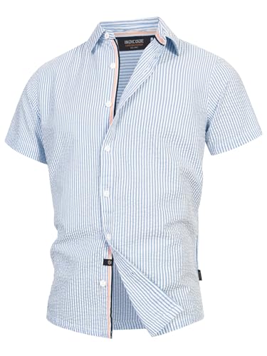 Indicode Herren INMaribo Kurzarmhemd aus Seersucker | Herrenhemd gestreift für Männer Delft, XL