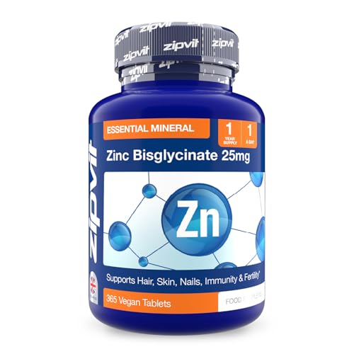 Zipvit Zinc Tablets 25mg (1 Year Supply) Supports Immunity Fertility & Normal Testosterone Levels Zinc Bisglycinate Supplements for Men & Women 365 Vegan Tablets