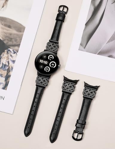 Image of TOYOUTHS Slim Leather Band Compatible with Google Pixel Watch 4 3 41mm /Pixel Watch 2 1 Band Women, Celtic Metal Dressy Thin Fashion Designer Premium Leather Strap for Google 4 3 2 1 Smartwatch