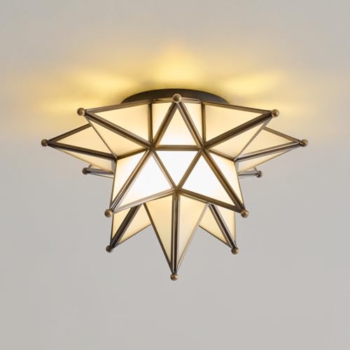 Image of Moravian Star Ceiling Light - 12.7 Inch Brass & Frosted Milk Glass, Black