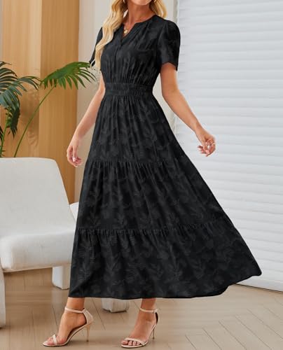 Image of Women's Maxi Dresses Boho Burnout V Neck Short Puff Sleeve Smocked Empire Waist Long Wedding Guest Semi Formal Dress Pockets