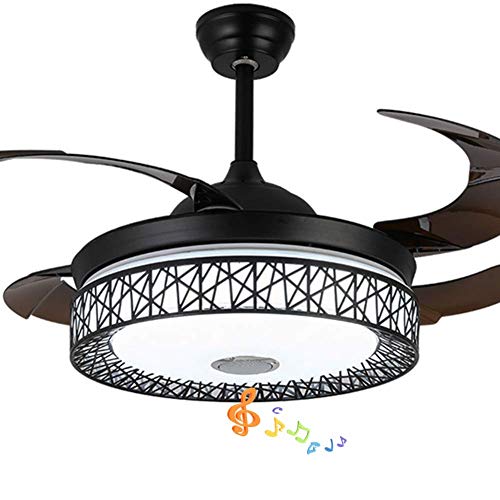 Preisvergleich Produktbild Pengfei 42-Zoll-moderner intelligenter Deckenventilator mit Lichtern Bluetooth-Lautsprecher Kronleuchter-Beleuchtungskörper, Fernbedienung, einziehbare Klingen, 3 helle Farben, für Wohnzimmer, Schla