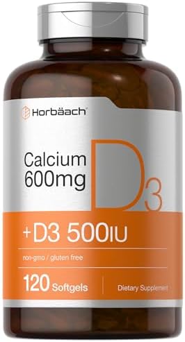 Horbäach Calcium Supplement with Vitamin D3 | 600 mg | 120 Softgels | Non-GMO and Gluten Free