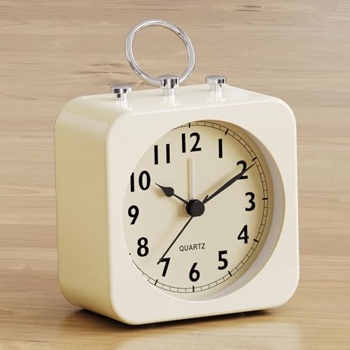 Image of AYRELY Small Metal Alarm Clock, Desk and Table Clock for Travel | Battery Operated Retro Silent Clock with Light for Bedroom, Bedside, Shelf and Living Room Decor (White)