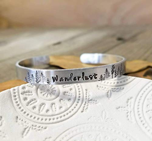 Wanderlust hand stamped cuff bracelet nature scene travel gifts