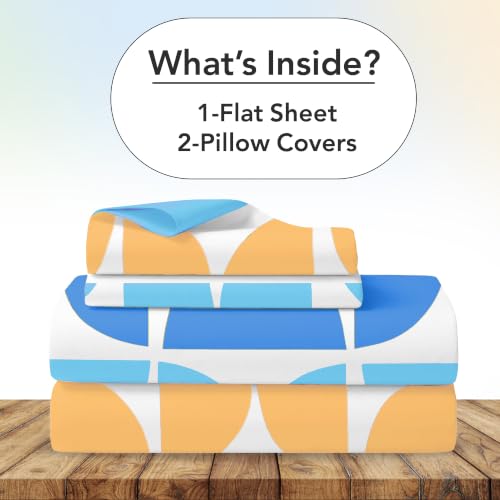 Image of Divine Casa Cotton King Size Bedsheet | 210 TC Soft Breathable Pigment Twill Satin Bed Sheet with 2 Pillow Covers | Luxury Bedding Set | 275 x 275 cm (Beige & Blue, Gemetic)