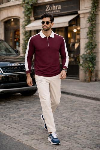 Image of Dagcros Mens Polo T-Shirt with White Contrast Collar | Short Sleeve Zipper Neck Casual Top | Smart Casual T-Shirt for Man