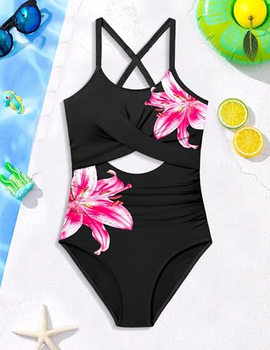 Image of Girl Swimsuit One Piece Cutout Ruched Bathing Suit for Girls Color Block Adjustable Straps Pad Swimwear 9-18y