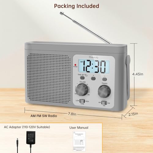 Image of DreamSky AM FM Radio Portable Shortwave Radio Battery Powered /Plug in Wall | for Home Outdoor, Strong Reception, Large Dial Easy to Use, Digital Time Display, Transistor Antenna, Seniors Small Gift