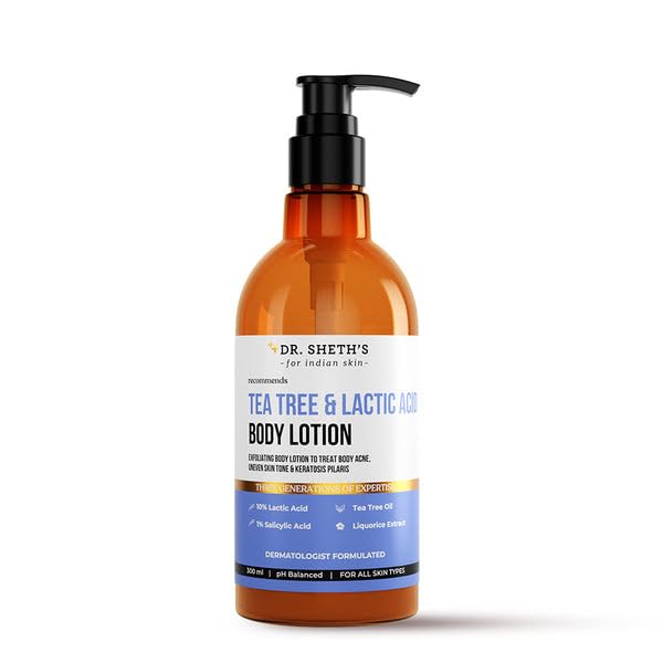 Dr. Sheth's Tea Tree & Lactic Acid Body Lotion- 300 ml | Treats Body Acne | Moisturizes and Light Weight | Exfoliating and Non Sticky