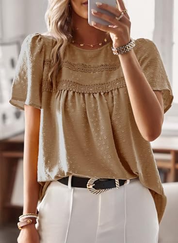 Image of Falechay Womens Summer Tops Crewneck Short Sleeve Shirts Casual Chiffon Blouses Flowy Lace Hem Boho Clothing Trendy 2026