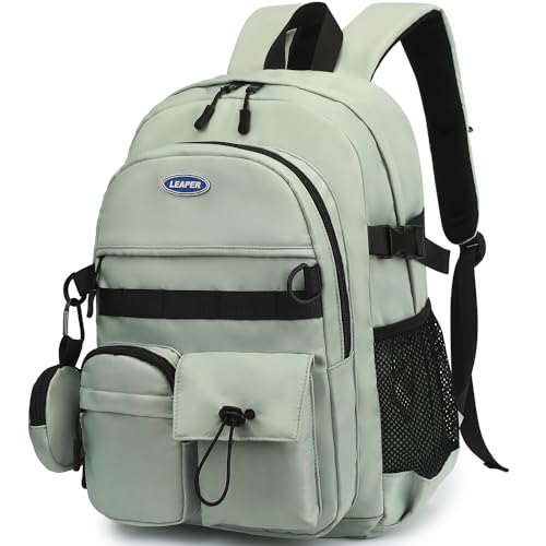 Leaper School Laptop Backpack for Women: Water Resistant Travel Backpack with Water Bottle Pocket - Laptop Bag for College Work - Lightweight Bookbag for Kids Girls Boys Green