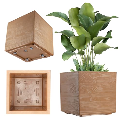 KADAX Jardinière Carrée de 40 cm, Grand Pot de Fleurs Écologique pour Intérieur et Extérieur, Bac à Fleurs vec roulettes et Système de Drainage (Marron Clair, Effet Bois)