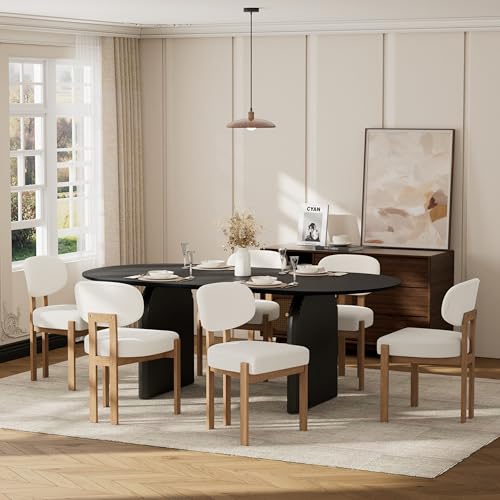 Image of 70-Inch Oval Dining Table Set with 6 Wood Dining Chairs, 7-Piece Dining Table Set with Chenille Chairs - Modern MDF Table (300lbs Capacity) & Comfortable Upholstered Seats for Home Dining