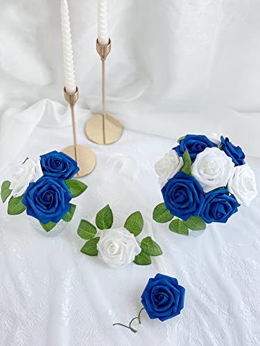 Yalzonemet Artificial Flowers 25Pcs Fake Navy Blue White Roses For Diy Wedding Bouquets Bride Cake Flower Decor Baby Shower Centerpieces Floral Arrangements Party Home Table Decorations #TOP1
