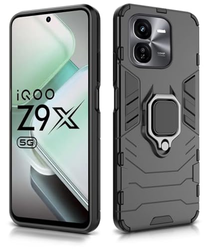 Image of WOW IMAGINE Shock Proof Back Case Mobile Cover for iQOO Z9x 5G (Tough Armor | Hybrid PC + TPU | Full Protection with Ring Holder & in-Built Kickstand | Black)