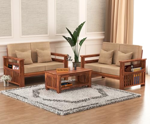 Image of Sheesham Wooden 4 Seater Sofa for Living Room | Rosewood 4 Seater Cushion Sofa Side Half Moon Rack | Solid Wood Sofa Set for Lounge (2+2,Honey)
