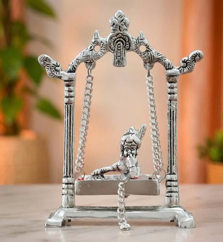 Image of KridayKraft Laddu Gopal on Jhulla Palana Metal Statue Gold Plated Metal Krishna Murti Showpiece Religious Figurines Gift Article for Home and Office Table and Car Dashboard Decor
