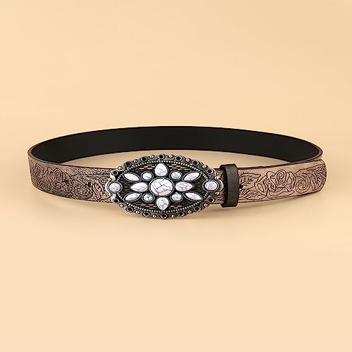 appuivbt Vintage White Stone Buckle Belt Engraved Flower Belt Embossed Leather Belt Vintage Western Belt Jeans Belt4