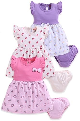 Image of LuvLap Baby Girls Regular Fit 100% Cotton Half Sleeve Girls Knee Length Frock Pack of 3