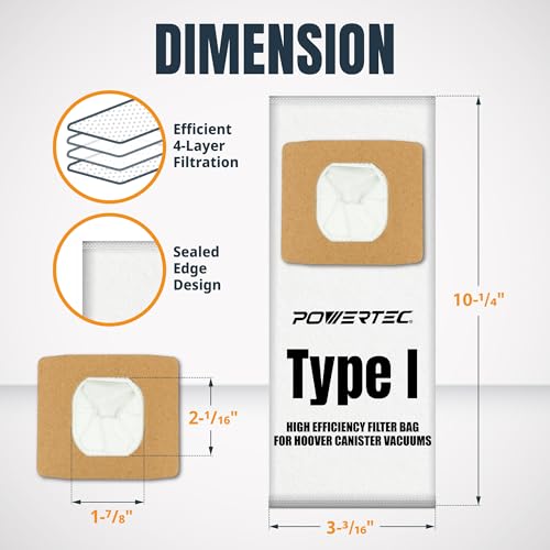 Image of POWERTEC Type I HEPA Vacuum Bags AH10005 2 Pack for Hoover Canister Vacuum Cleaners, Replacement Dust Filter Bags for UH30010COM, SH10000 and SH10050 (75141)