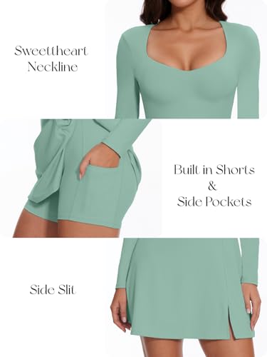 Image of Wenlia Women's Long Sleeve Sports Dress Side Split Bodycon Dress with Slit Built in Shorts