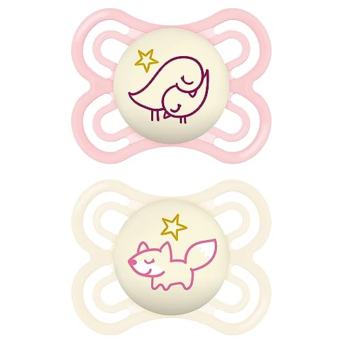 MAM Perfect Night - Juego de 2 tetinas, fosforescentes en la oscuridad, respetuosas con los dientes, para bebés de 0 a 6 meses, fabricados con materiales duraderos y biorrevelables, con caja