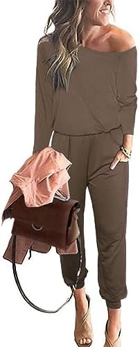 PRETTYGARDEN Jumpsuits for Women Dressy 2025 Fall Long Sleeve Off Shoulder Elastic Waist Rompers One Piece Travel Outfits