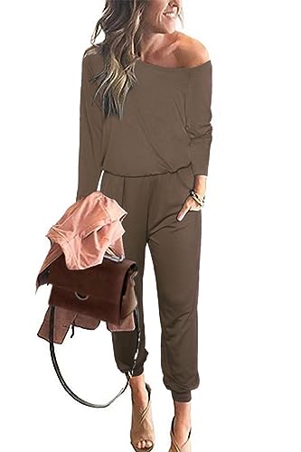 PRETTYGARDEN Jumpsuits for Women Dressy 2025 Fall Long Sleeve Off Shoulder Elastic Waist Rompers One Piece Travel Outfits (Khaki,Large)