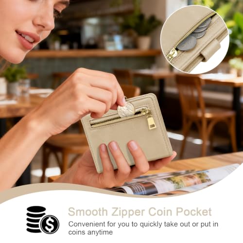Image of Small Wallets for Women Slim Minimalist Bifold Credit Card Holder | Compact Zipper Coin Purse for Ladies RFID Blocking Mini Travel PU Leather Card Case Gifts for Mom, Khaki