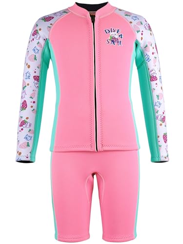 Neoprenanzug Kinder 2,5mm Neopren 2 teilig Badeanzug Jungen Mädchen Lange/Kurze Ärmel Tauchanzug Reißverschluss UV-Schutz 50+ Wetsuit zum Tauchen Schwimmen Surfen Neoprenanzug Rosa XL