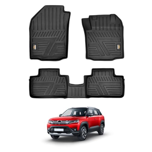 Image of Amazon Basics 5D Custom Fit Car Floor Mats for Brezza | Odor Free Virgin Polymer | All Weather Waterproof Protection | Edge to Edge Coverage | 3 Piece Set