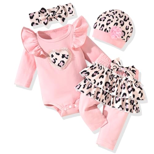 Image of fioukiay Newborn Baby Girl Clothes Infant Girls Floral Love Printed Romper and Ruffle Pants Sets 4pcs Winter Fall Outfits