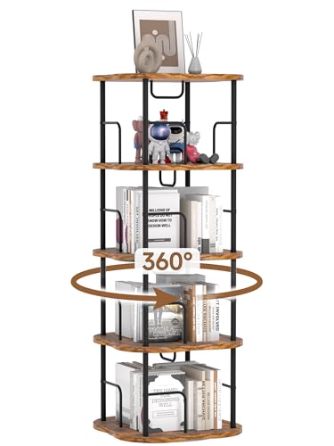 TEROL 4-Tier Rotating Book Shelf, 360° Display Spinning Bookshelf Tower, Book Organizer, Floor Standing Bookcases for Small Space, Corner Book Shelf for Bedroom, Living Room, Study Room (RUSTIC BROWN)