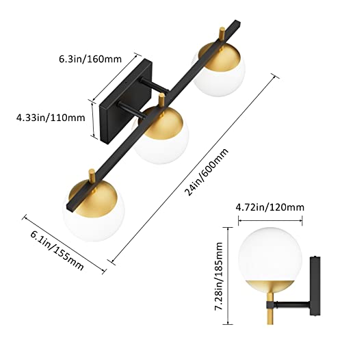 Image of Ralbay Mid Century Modern Bathroom Vanity Lights Black and Gold Milky Glass Modern Bathroom Vanity Lights Over Mirror, Black /Golden 3-Light (Exclude Bulb)
