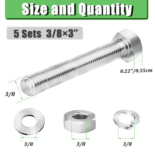 Image of 5 Sets 5 /16-18 x 3 inch Stainless Steel Hex Head Screws Bolts, Nuts, Flat & Lock Washers,18-8(304) Full Thread