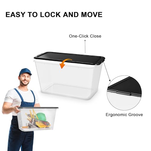 Image of SIMPLYKLEEN Storage Totes with Lids - Made in USA 14.5-Gallon (58-Quart) 4-Pack Clear Plastic Storage Bins with Black Lids Storage Containers Large Storage Boxes Organizer for Home, Office, and Garage