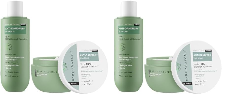 Image of Bare Anatomy Anti Dandruff Shampoo + Conditioner Mask | Reduces Upto 100% Dandruff & Strengthens Hair | With Salicylic Acid & Biotin | Paraben & Sulphate Free | Women & Men | 250ml + 250g (Pack of 2)