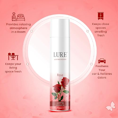 Image of LURE Rose Room Freshener Aerosol Spray - Air Freshener for Home, Office, Rooms and Drawers, Suitable for Everyday Indoor Use (220ml)