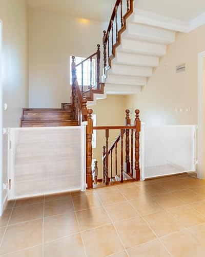 Image of (2 Pack) Retractable Baby Gate for Doorways and Stairs, Mesh Safety Gate for Pet, Indoor & Outdoor Use, One-Hand Operation, Easy Installation, 33.6 inch Tall, Expands to 55 inch Wide(White,33.6 inchx55 inch