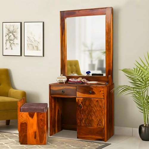 Image of Sheesham Wood Full-Length Dressing Mirror with 2 Drawers & Stool | Honey Finish | Wall-Mount & Free-Standing Decorative Mirror for Bedroom, Hallway & Entryway | Solid Wood Dressing Unit
